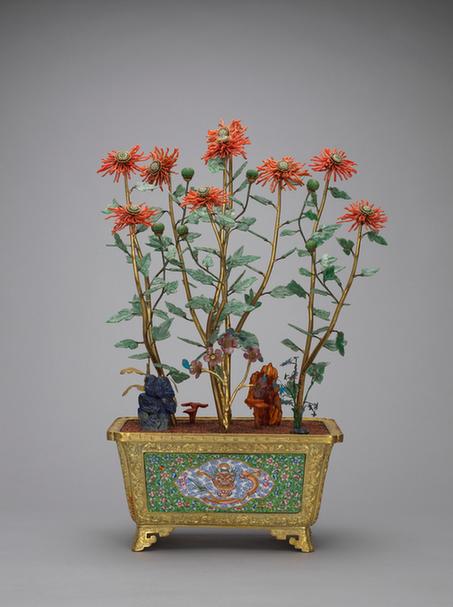 铜镀金嵌画珐琅长方盆翡翠叶珊瑚菊花盆景