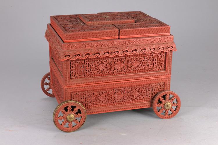 剔红缠枝莲团花纹车式套盒