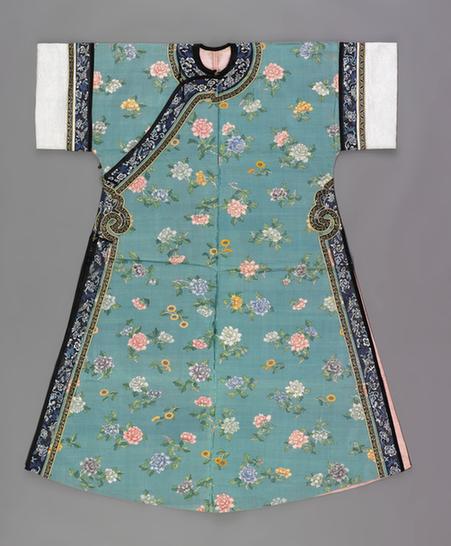 绿色缂丝折枝牡丹纹夹氅衣