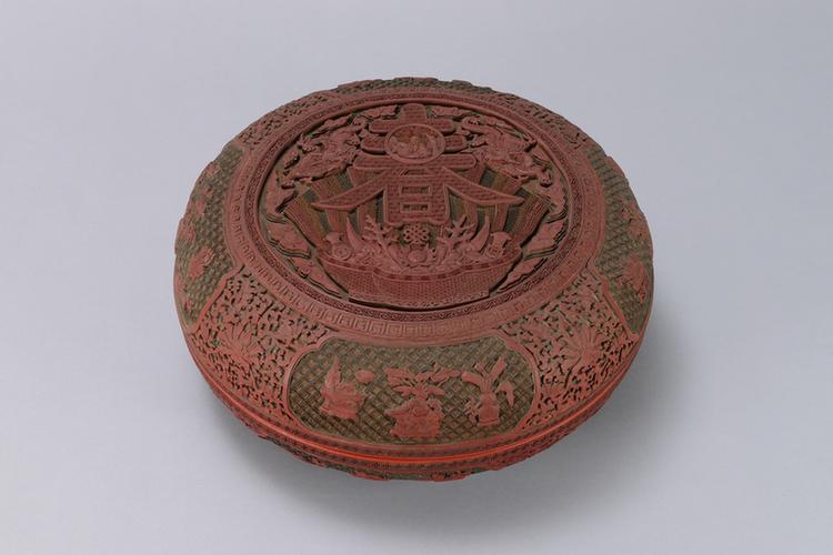 剔红寿春图开光博古纹圆盒