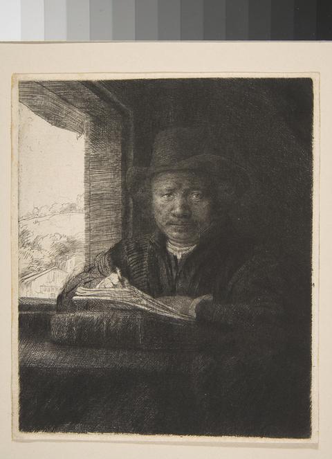 Rembrandt--Self-Portrait Drawing at a Window
