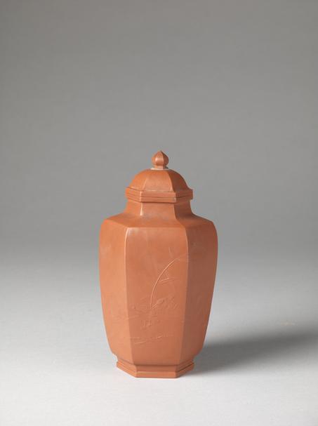 宜兴窑紫砂六方印芦雁纹盖罐