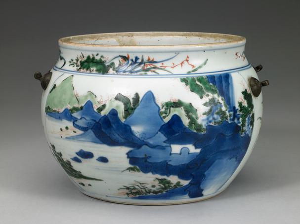 青花五彩开光山水图罐