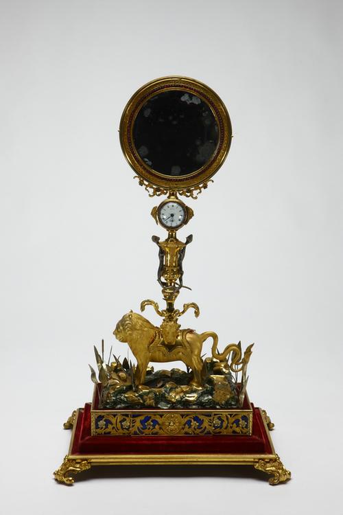 铜镀金狮驮规矩表镜