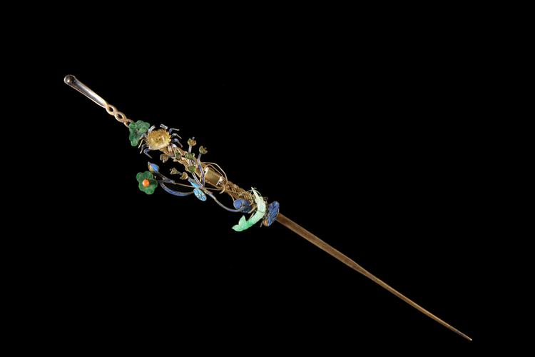 银镀金点翠镶料珠头针