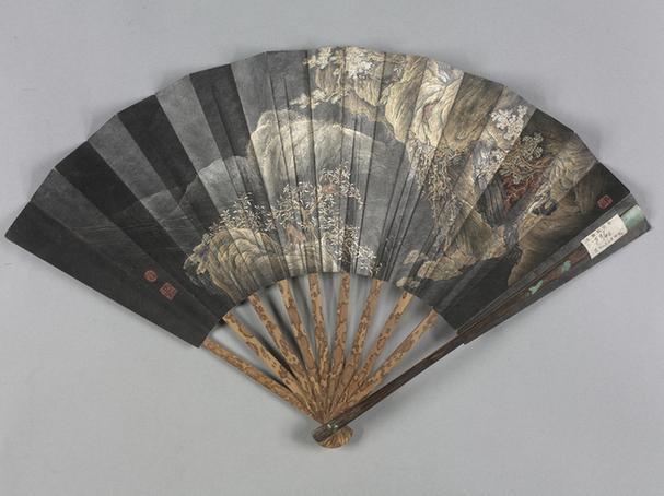 竹股雕花边道光帝书画山水图面折扇