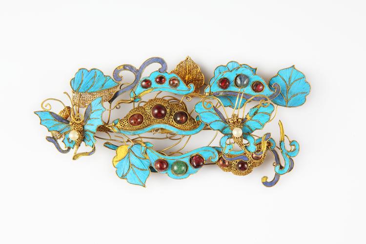 银镀金嵌珠宝扁豆蝴蝶纹簪