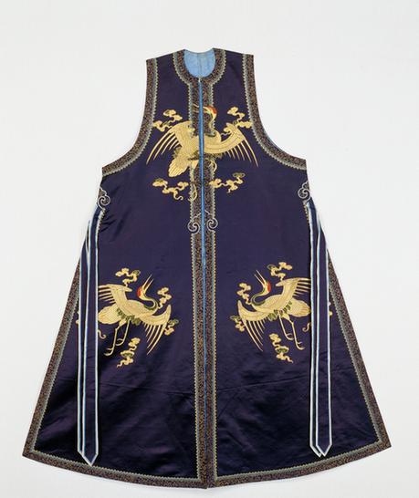 石青色缎绣平金云鹤纹袷大坎肩