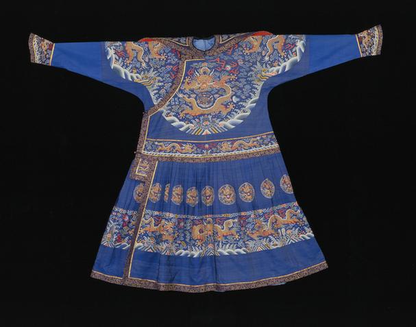 蓝色缂丝彩云金龙纹男夹朝袍