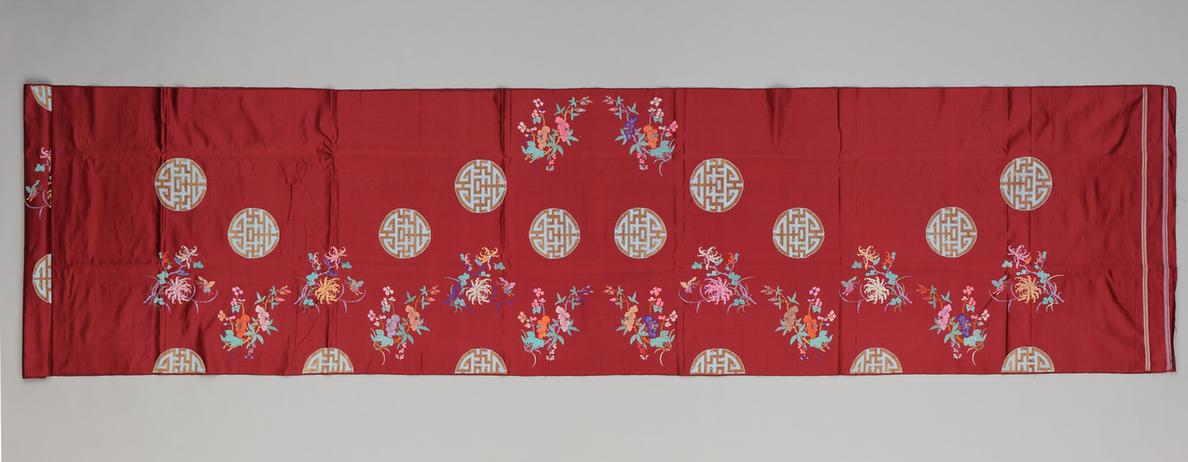 绛色三秋蝶团寿字纹妆花缎袍料