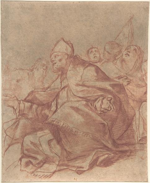 Mattia Preti--Seated Bishop with Arms Extended and Three Attendant Figures