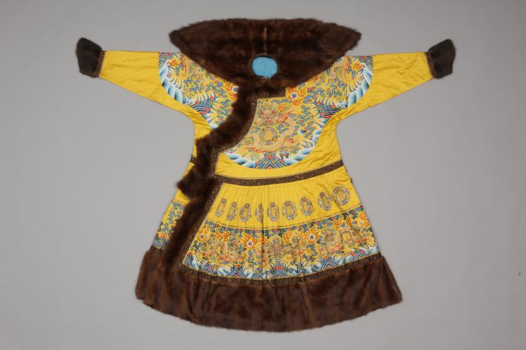 明黄色缎绣彩云金龙纹貂皮边男夹朝袍