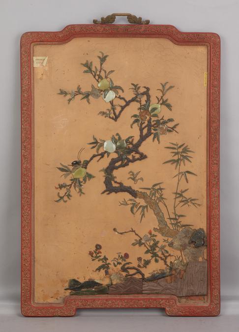 剔红边嵌玉花果图挂屏