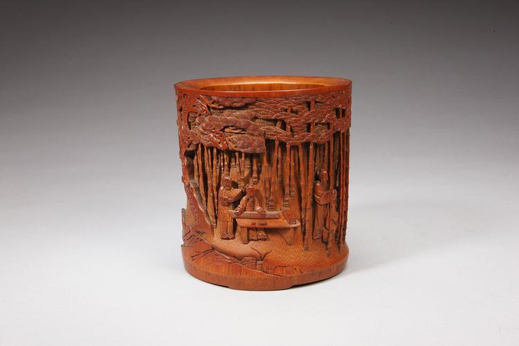 竹雕竹林七贤图刻乾隆题诗笔筒