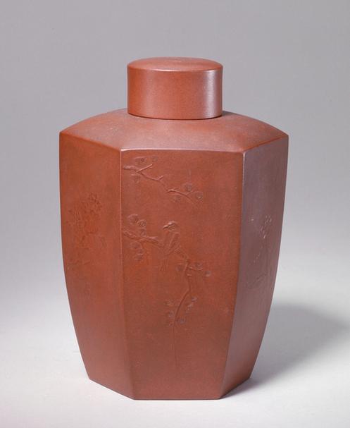 宜兴窑紫砂莲心铭花鸟六方茶叶罐