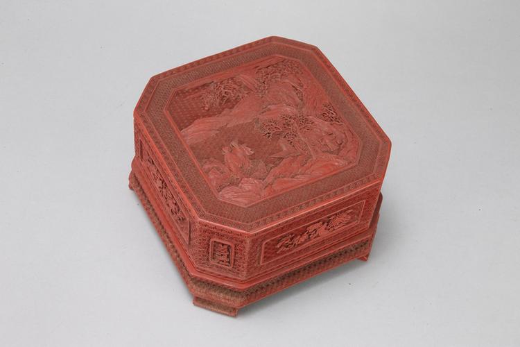 剔红山水人物图开光花卉纹八方盒