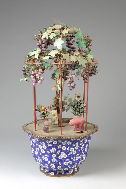 画珐琅梅花式盆玉石玻璃花果盆景