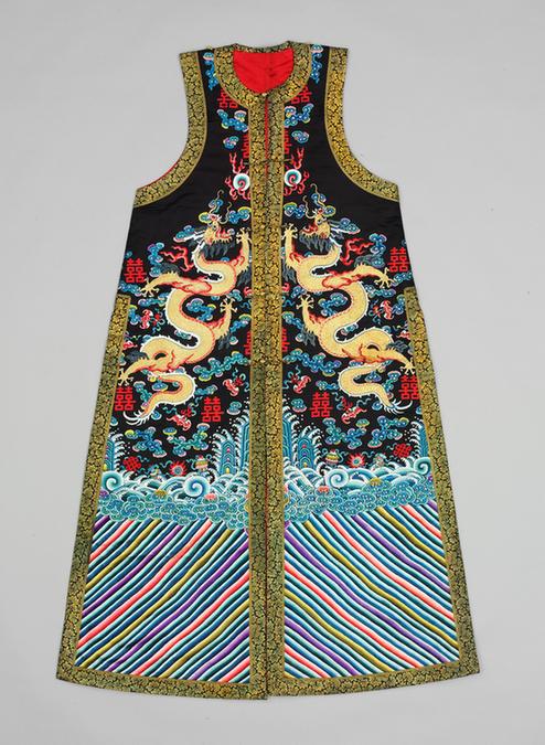 石青色绸绣云蝠双喜金龙纹夹朝褂