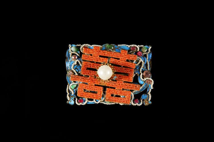 铜镀金点翠嵌珠宝双喜纹钿花