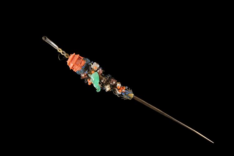 银镶楼阁纹珊瑚米珠翠耳挖簪