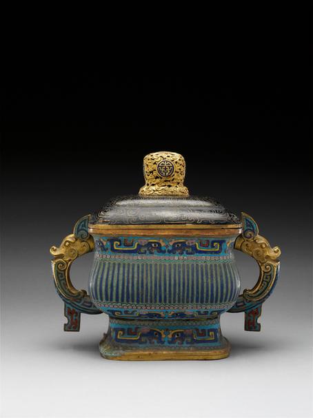 掐丝珐琅条纹兽耳长方盖炉