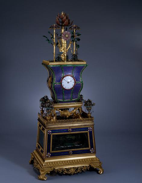 铜镀金广珐琅水法开花仙人钟