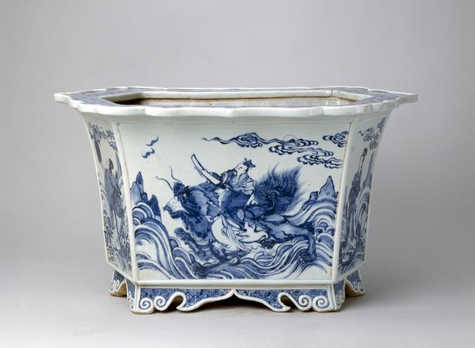 康熙款青花人物图六方花盆