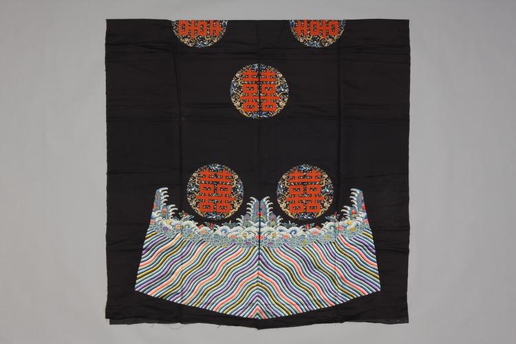 石青色绸绣有水雀梅缉珊瑚珠双喜字纹袍料