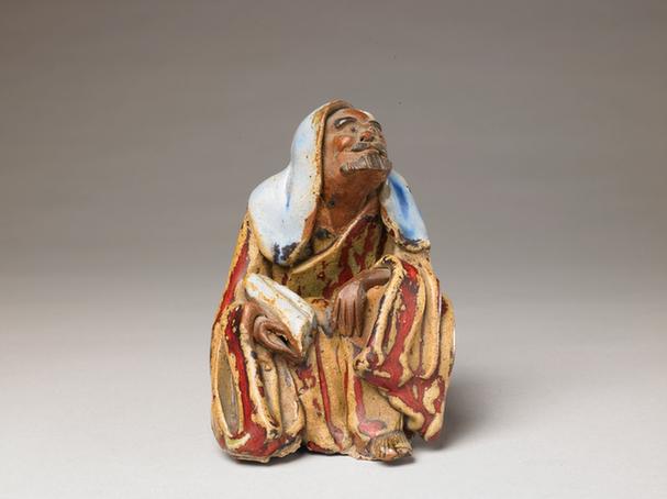 石湾窑赭蓝釉持物罗汉坐像