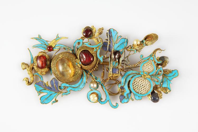 银镀金嵌珠宝葫芦蝈蝈纹簪