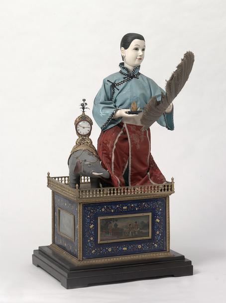 铜镀金嵌珐琅扇扇机器人表