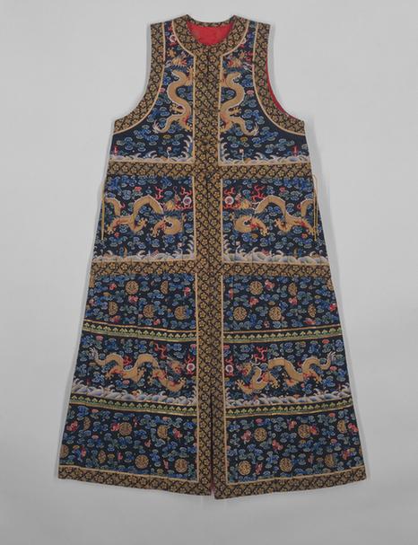 石青色绸绣云蝠金龙纹夹朝褂