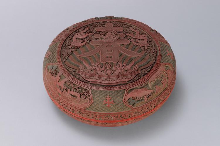 剔红寿春图开光山水人物图圆盒