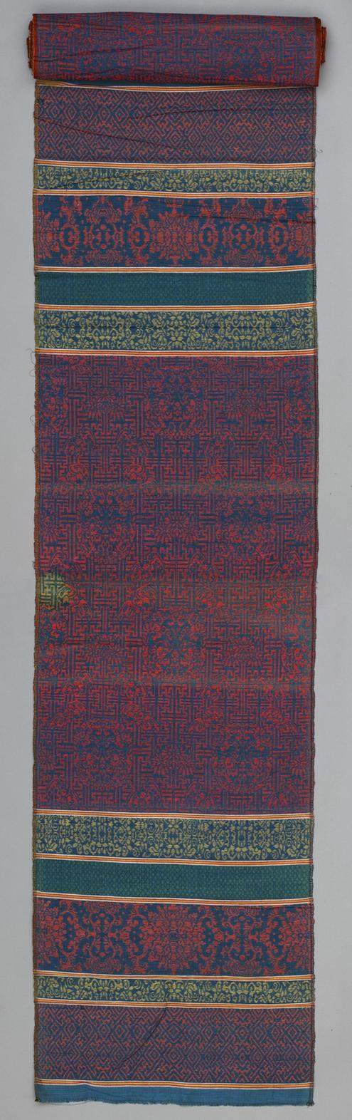 蓝色地万字蝠菊团双夔纹线锦垫料