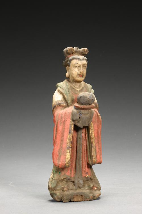 木雕彩绘双手持物男立像