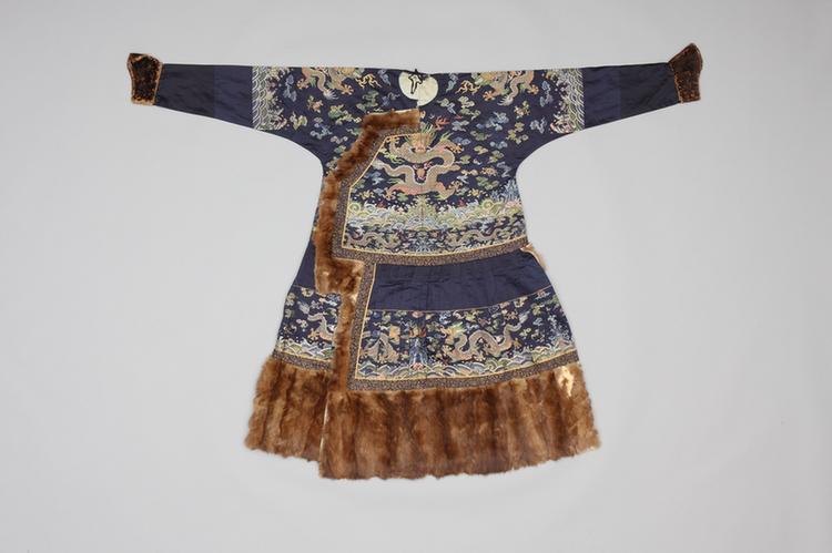 石青色彩云金龙纹妆花缎貂皮边男夹朝袍