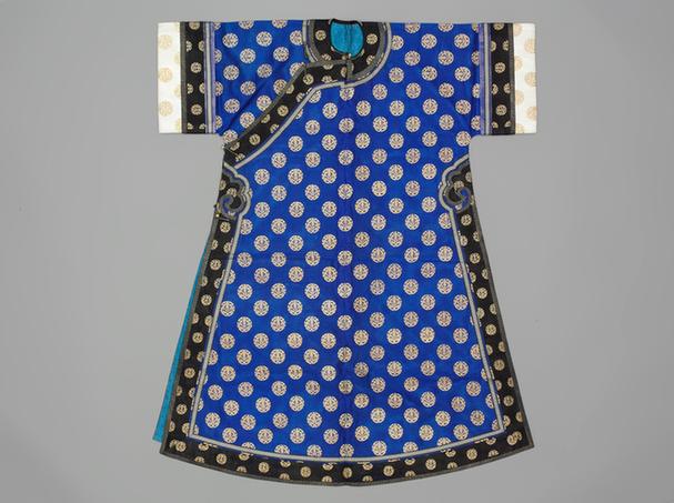 蓝色直径纱平金绣团寿字纹夹氅衣