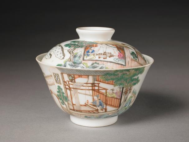 慎德堂款粉彩耕织图盖碗