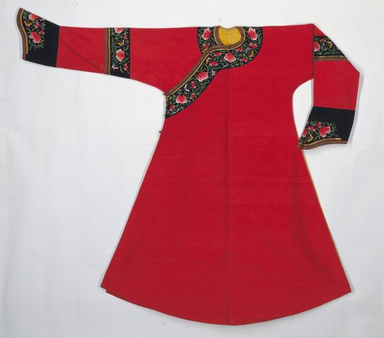 大红色勾莲蝠纹暗花纱女夹袍