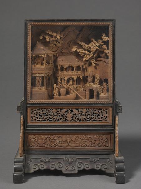 紫檀木嵌白檀木雕檀香木人物楼阁插屏