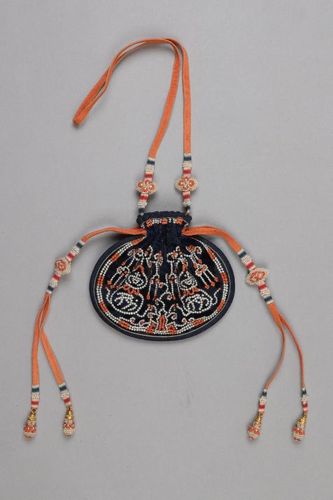 蓝色漳绒穿珠葫芦海水纹荷包