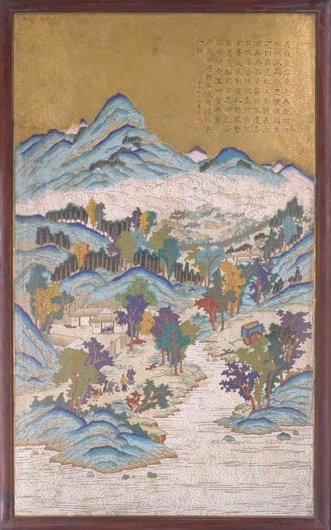 紫檀木边嵌珐琅农家乐图挂屏