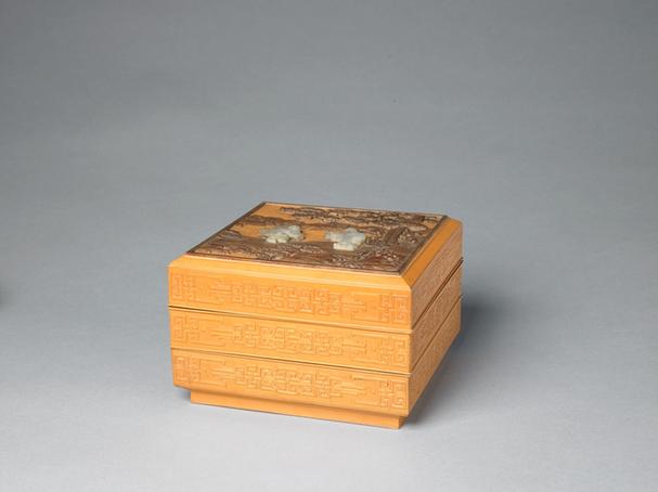 文竹嵌玉人物山水纹双层盒