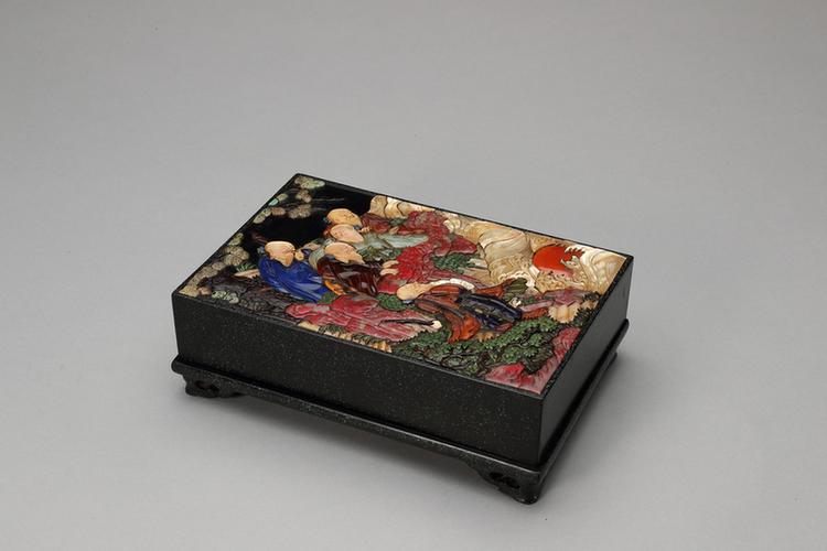 黑漆百宝嵌五老图长方盒