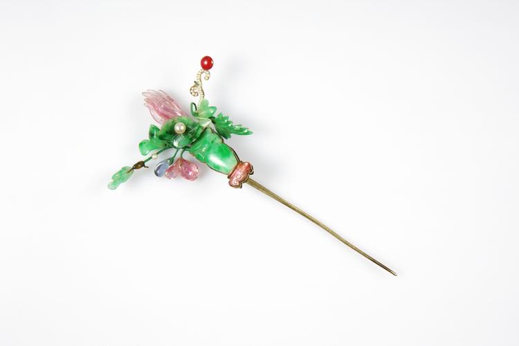 银镀金嵌翠石花瓶形头花