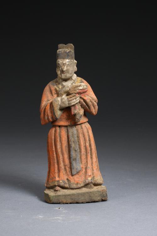 木雕彩绘双手持物男立像