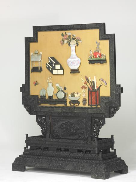 紫檀木边座嵌瓷玉文具插屏