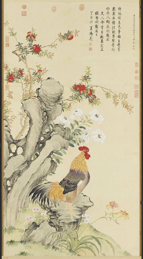 橅宋苑画榴下雄鸡轴