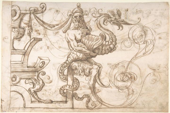 attributed to Andrés de Melgar--Seated Satyr Holding a Shell - Dragon [horizontal]
