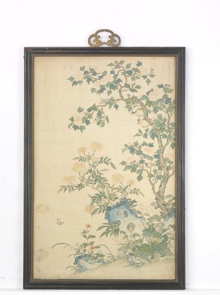 紫檀木边缂丝花蝶图挂屏